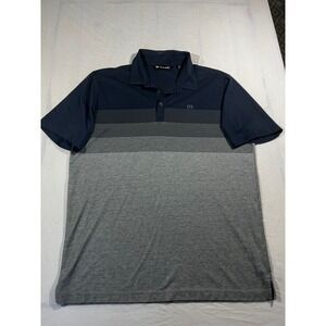 Travis Mathew Mens Polo Shirt XL Navy Gray Stripe Short Sleeve Golf Casual